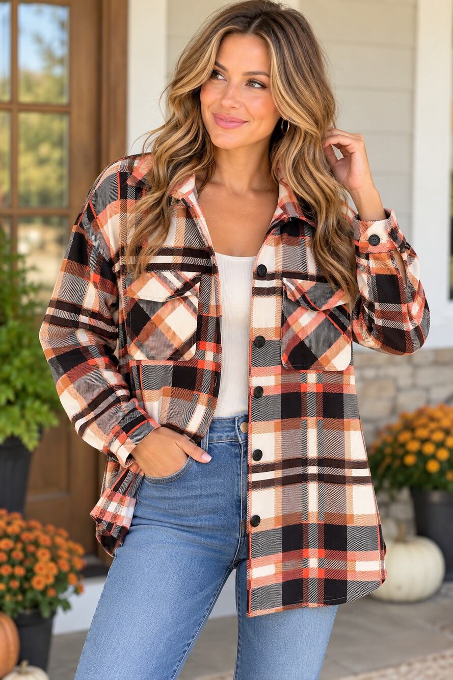 SHEIN Orange Plaid Button Front Shacket Jacket Fall M